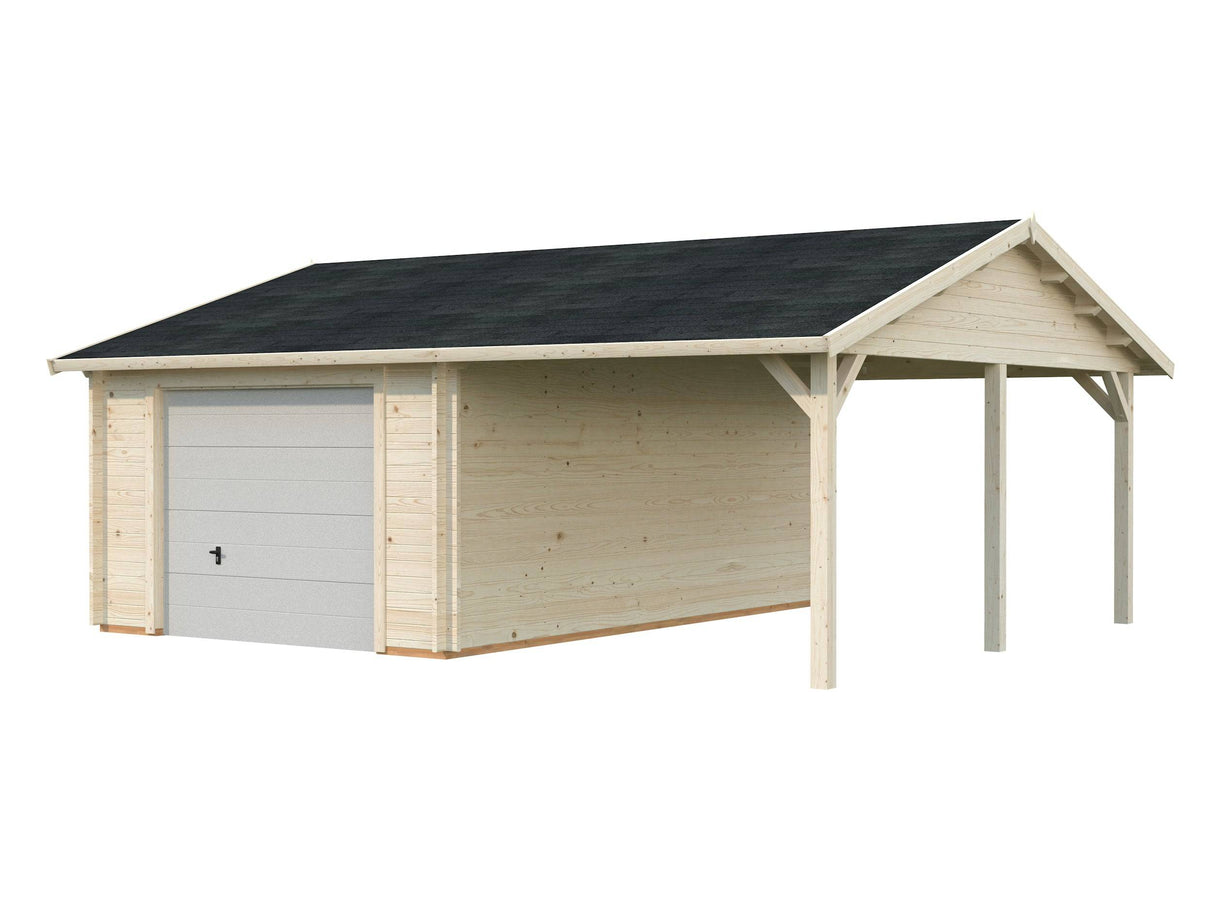 Roger (6,7x5,7m | 19+16,2m2 | 44mm) Single Garage with Single Carport (Sectional Door) - Palmako UK