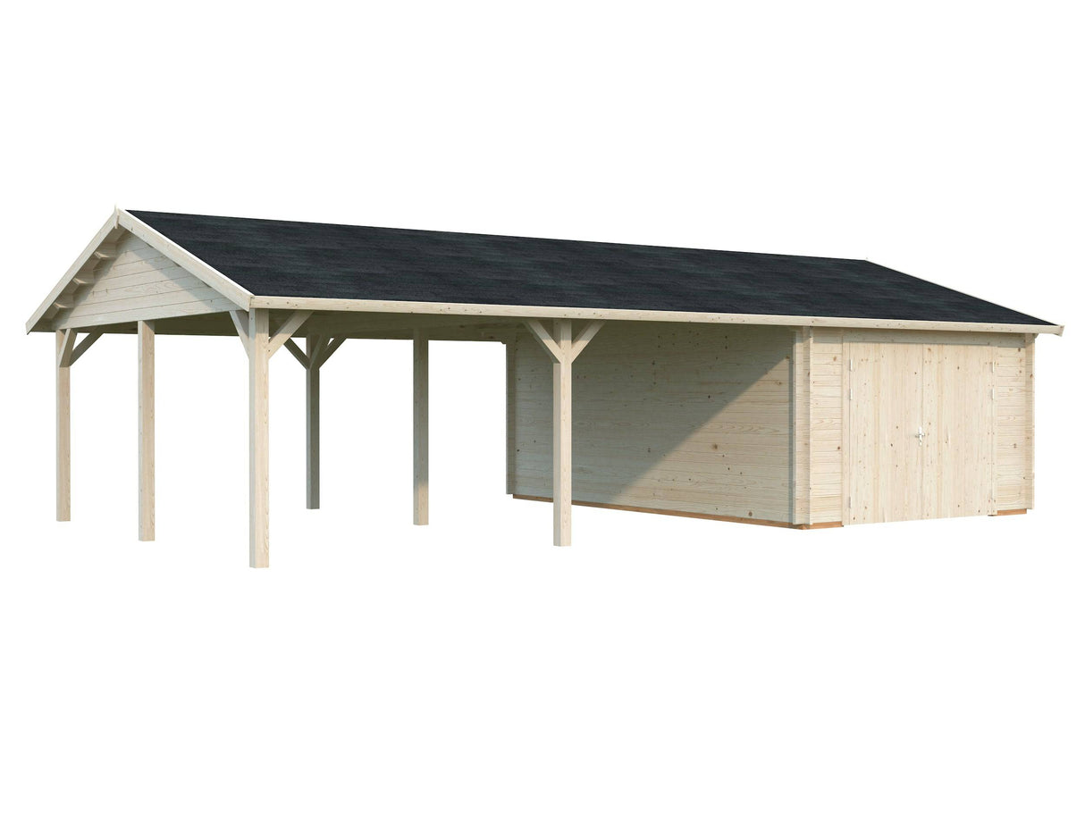 Roger (9,8x5,7m | 19m2+33.2m2 | 44mm) Single Garage with Double Carport (Wooden Gate) - Palmako UK