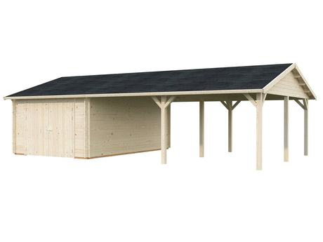 Roger (9,8x5,7m | 19m2+33.2m2 | 44mm) Single Garage with Double Carport (Wooden Gate) - Palmako UK