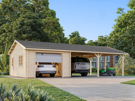 Roger (9,8x5,7m | 19m2+33.2m2 | 44mm) Garage with Double Carport (Sectional Door) - Palmako UK