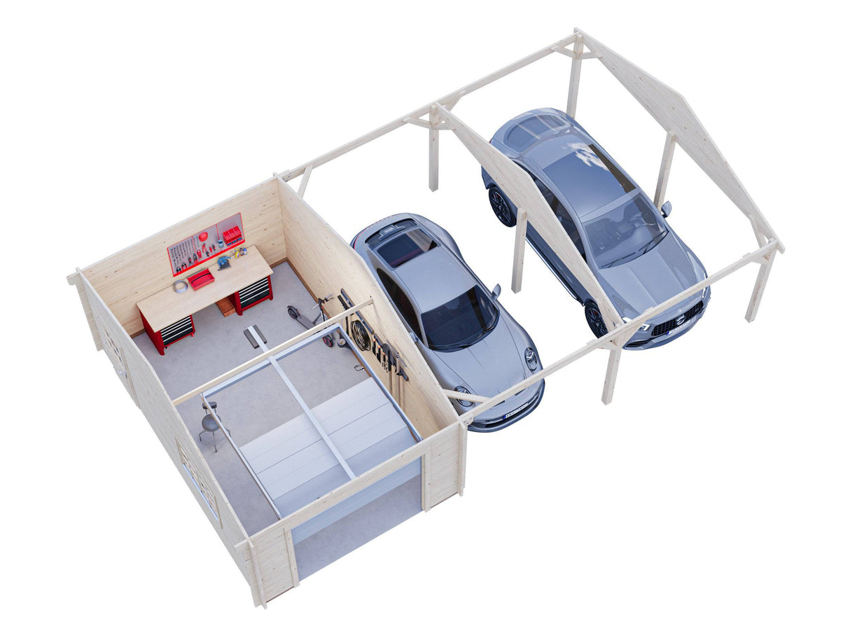 Roger (9,8x5,7m | 19m2+33.2m2 | 44mm) Garage with Double Carport (Sectional Door) - Palmako UK