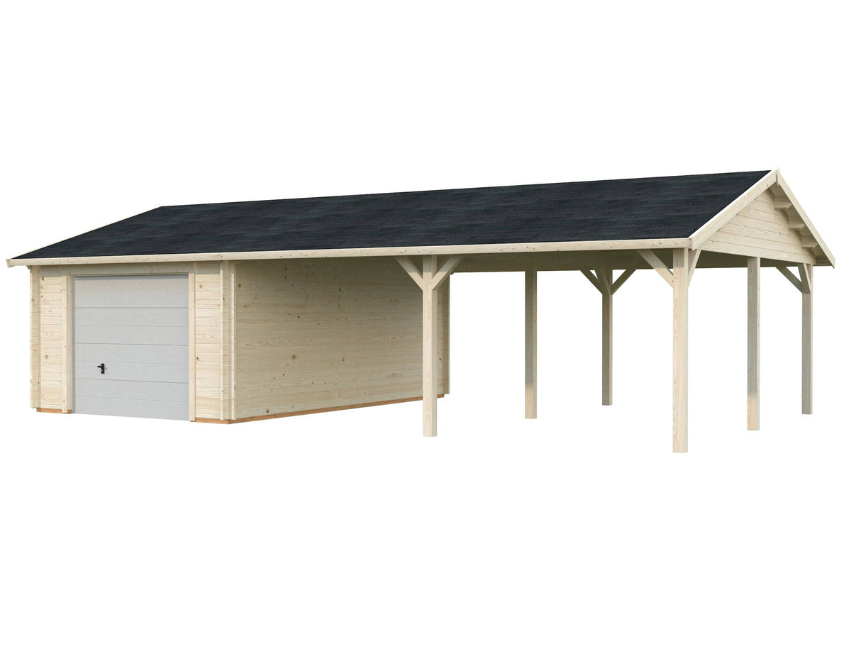 Roger (9,8x5,7m | 19m2+33.2m2 | 44mm) Garage with Double Carport (Sectional Door) - Palmako UK
