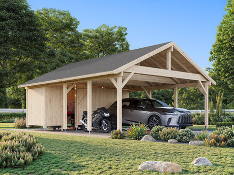 Robert XL+ (5,6x3,6m | 40,6m2 | 120x120mm) Two Car Carport with Shed - Palmako UK