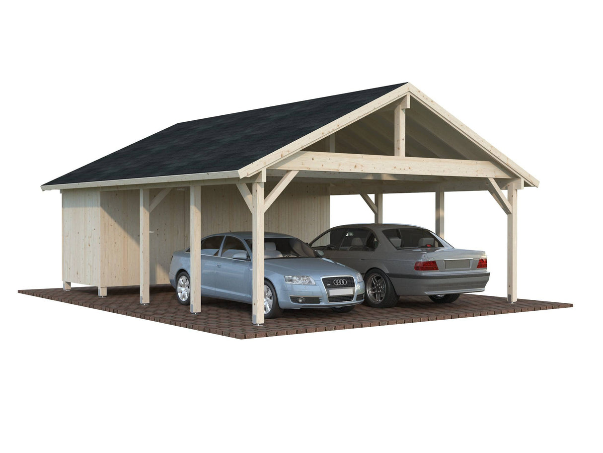 Robert XL+ (5,6x3,6m | 40,6m2 | 120x120mm) Two Car Carport with Shed - Palmako UK