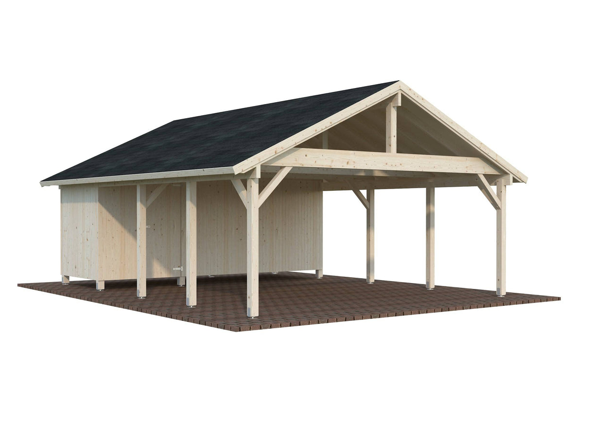 Robert XL+ (5,6x3,6m | 40,6m2 | 120x120mm) Two Car Carport with Shed - Palmako UK