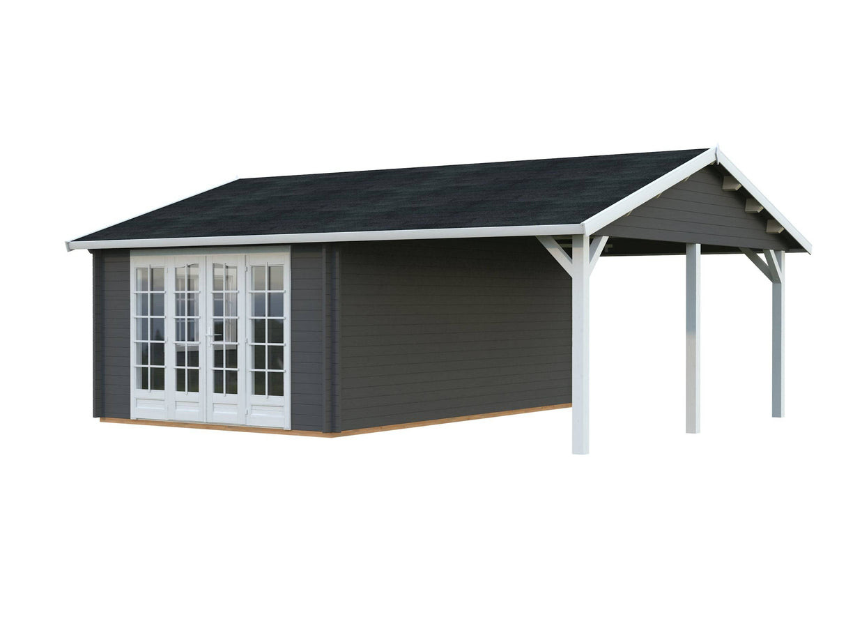 Irene M+ (6,7x5,7m | 19,0+16,2m2 | 44mm) Summer House with Side Canopy or Carport - Palmako UK