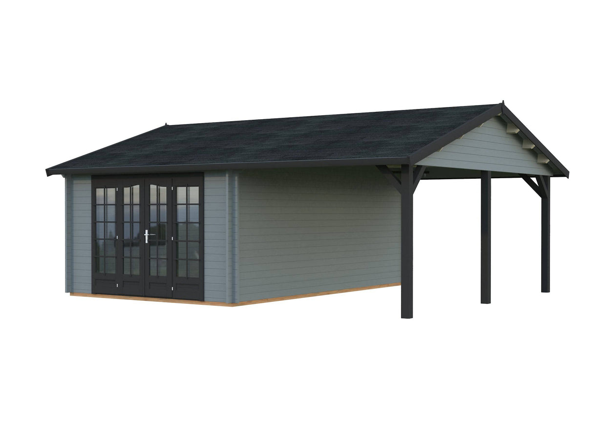 Irene M+ (6,7x5,7m | 19,0+16,2m2 | 44mm) Summer House with Side Canopy or Carport - Palmako UK
