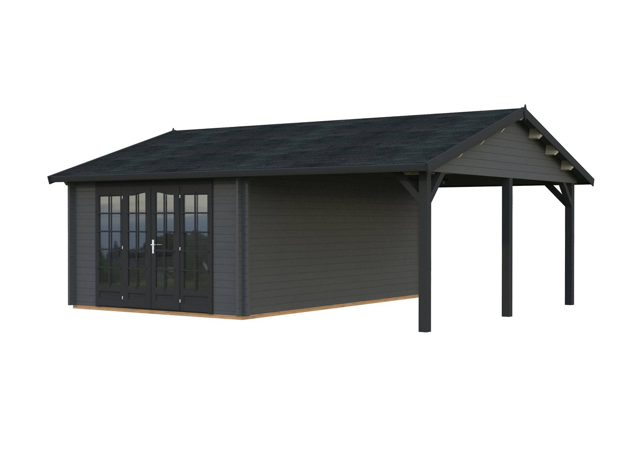 Irene M+ (6,7x5,7m | 19,0+16,2m2 | 44mm) Summer House with Side Canopy or Carport - Palmako UK