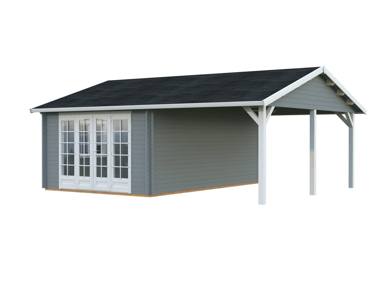 Irene M+ (6,7x5,7m | 19,0+16,2m2 | 44mm) Summer House with Side Canopy or Carport - Palmako UK