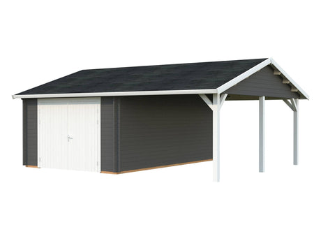Roger (6,7x5,7m | 19+16,2m2 | 44mm) Single Timber Garage With Carport (Wooden Gate) - Palmako UK