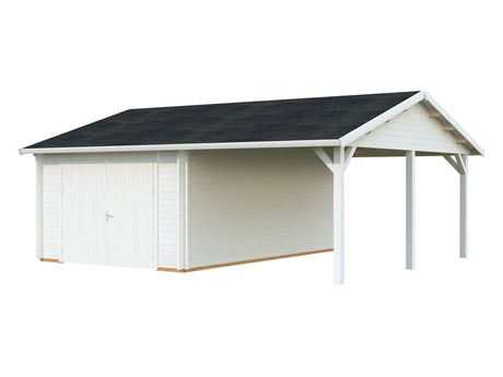 Roger (6,7x5,7m | 19+16,2m2 | 44mm) Single Timber Garage With Carport (Wooden Gate) - Palmako UK