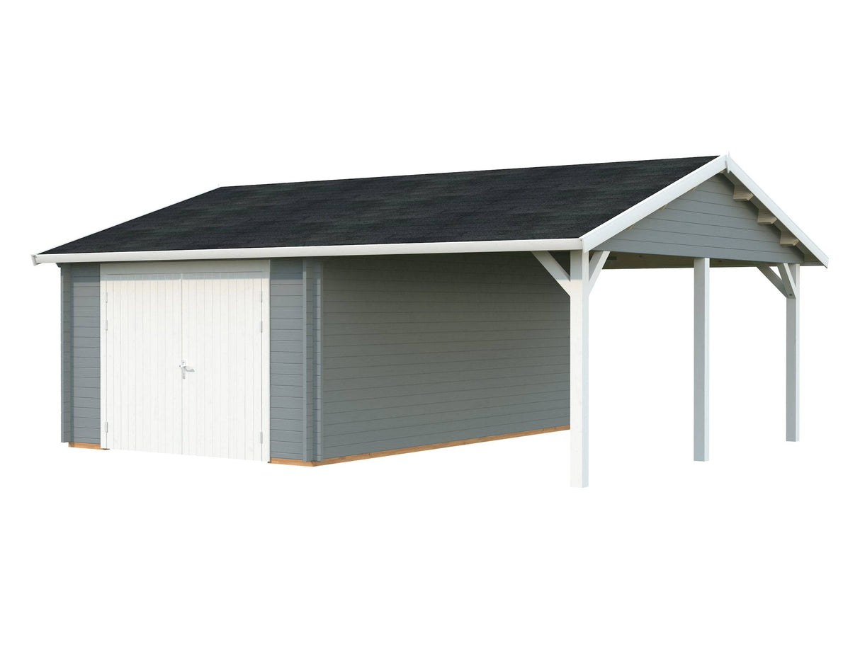 Roger (6,7x5,7m | 19+16,2m2 | 44mm) Single Timber Garage With Carport (Wooden Gate) - Palmako UK