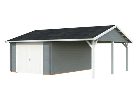 Roger (6,7x5,7m | 19+16,2m2 | 44mm) Single Timber Garage With Carport (Wooden Gate) - Palmako UK