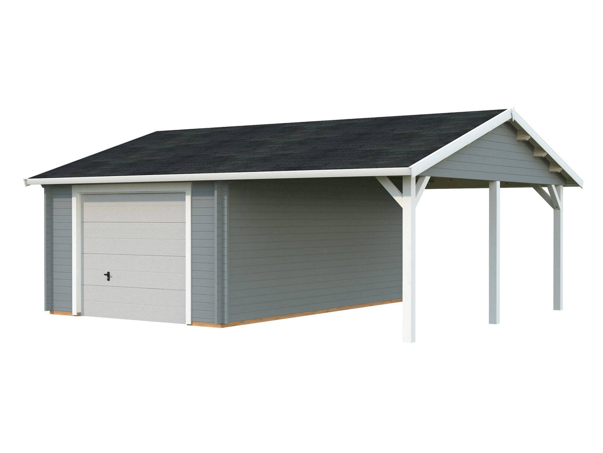 Roger (6,7x5,7m | 19+16,2m2 | 44mm) Single Garage with Single Carport (Sectional Door) - Palmako UK