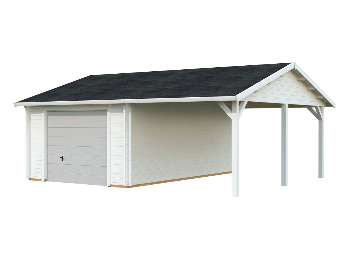 Roger (6,7x5,7m | 19+16,2m2 | 44mm) Single Garage with Single Carport (Sectional Door) - Palmako UK