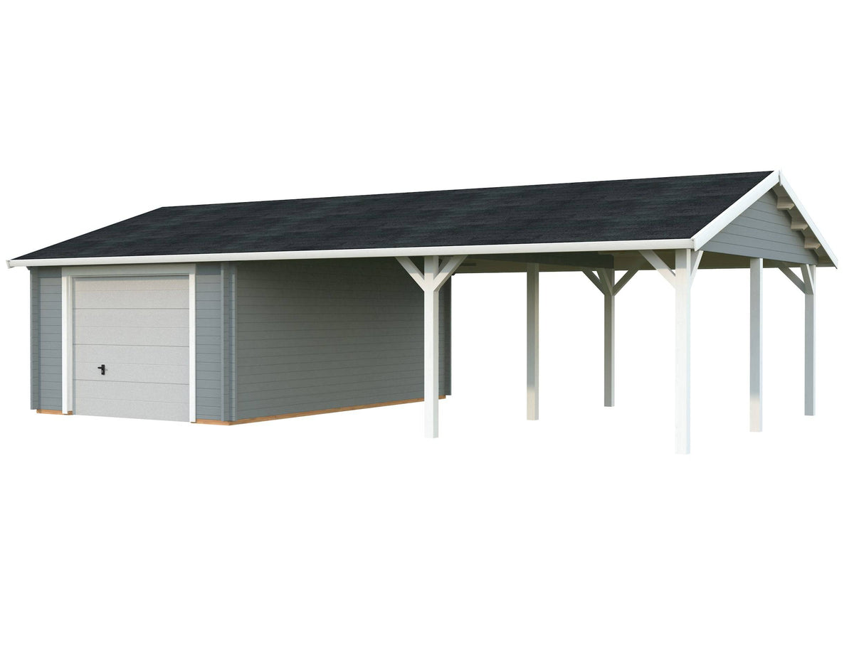 Roger (9,8x5,7m | 19m2+33.2m2 | 44mm) Garage with Double Carport (Sectional Door) - Palmako UK