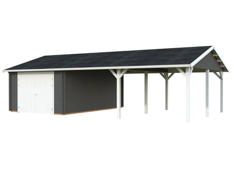 Roger (9,8x5,7m | 19m2+33.2m2 | 44mm) Garage with Double Carport (Sectional Door) - Palmako UK