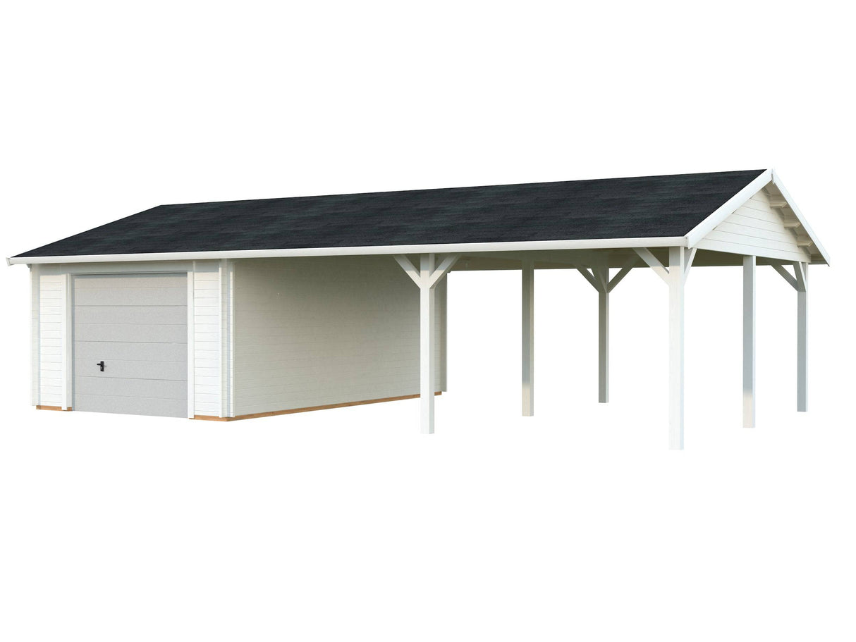 Roger (9,8x5,7m | 19m2+33.2m2 | 44mm) Garage with Double Carport (Sectional Door) - Palmako UK