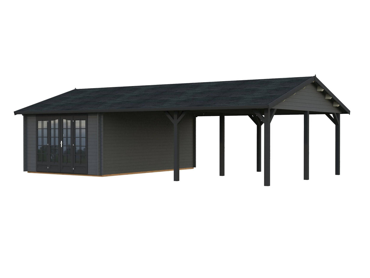 Irene M++ (9,8x5,7m | 19,0+33,2m2 | 44mm) Summer House with Large Canopy or Double Carport - Palmako UK