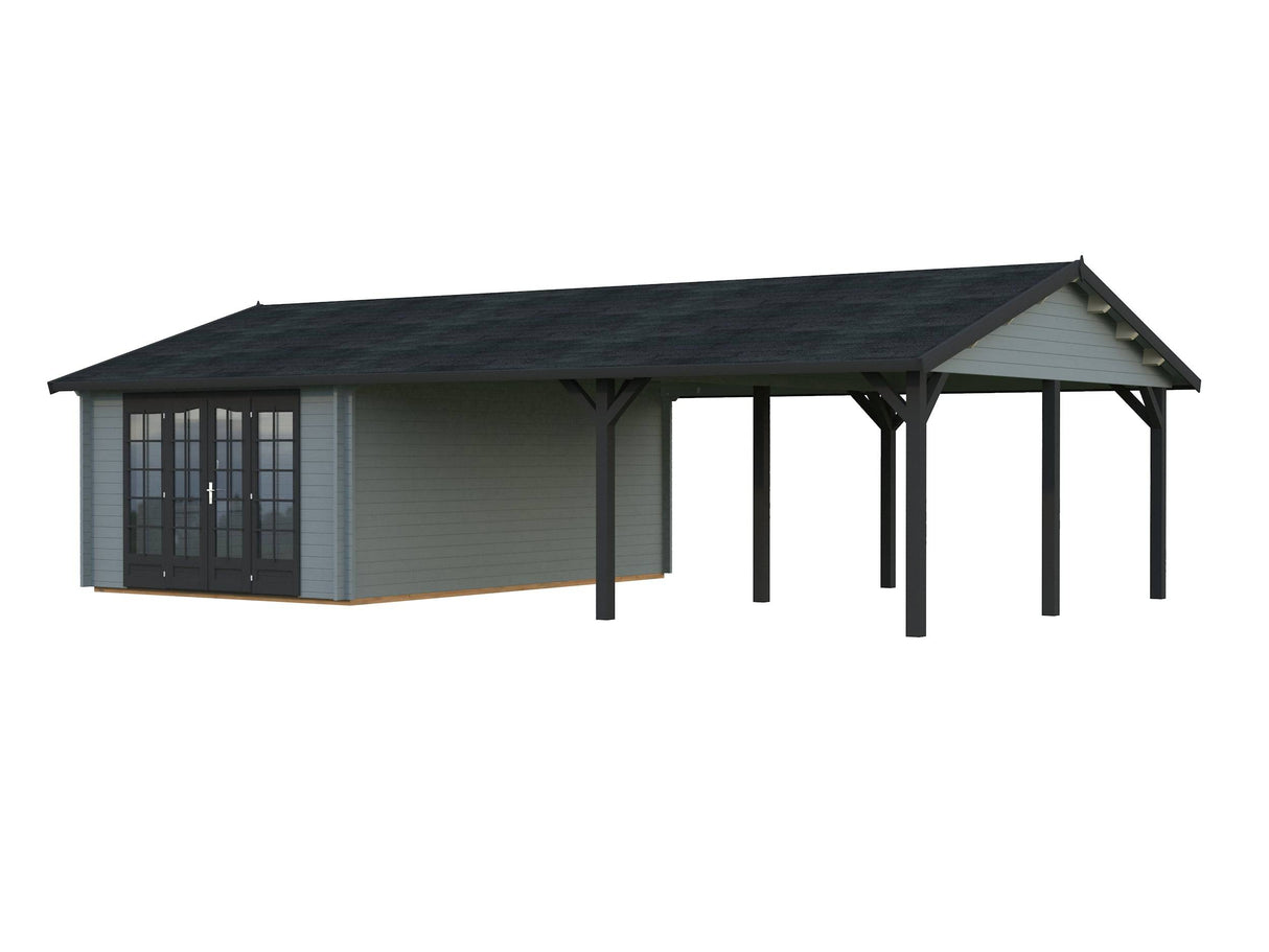 Irene M++ (9,8x5,7m | 19,0+33,2m2 | 44mm) Summer House with Large Canopy or Double Carport - Palmako UK