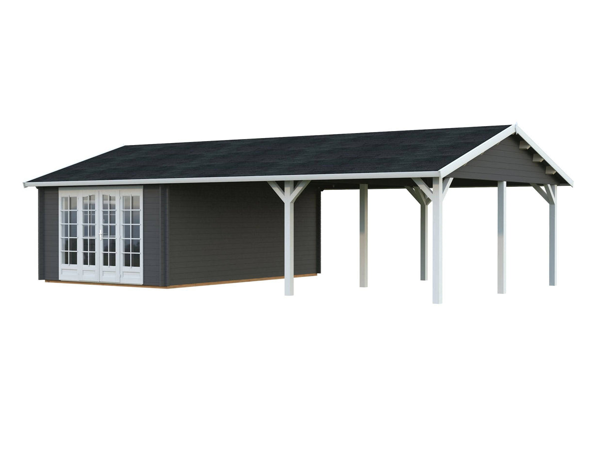 Irene M++ (9,8x5,7m | 19,0+33,2m2 | 44mm) Summer House with Large Canopy or Double Carport - Palmako UK