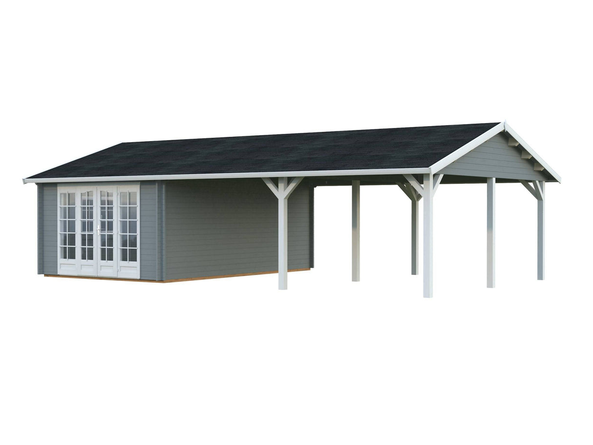 Irene M++ (9,8x5,7m | 19,0+33,2m2 | 44mm) Summer House with Large Canopy or Double Carport - Palmako UK