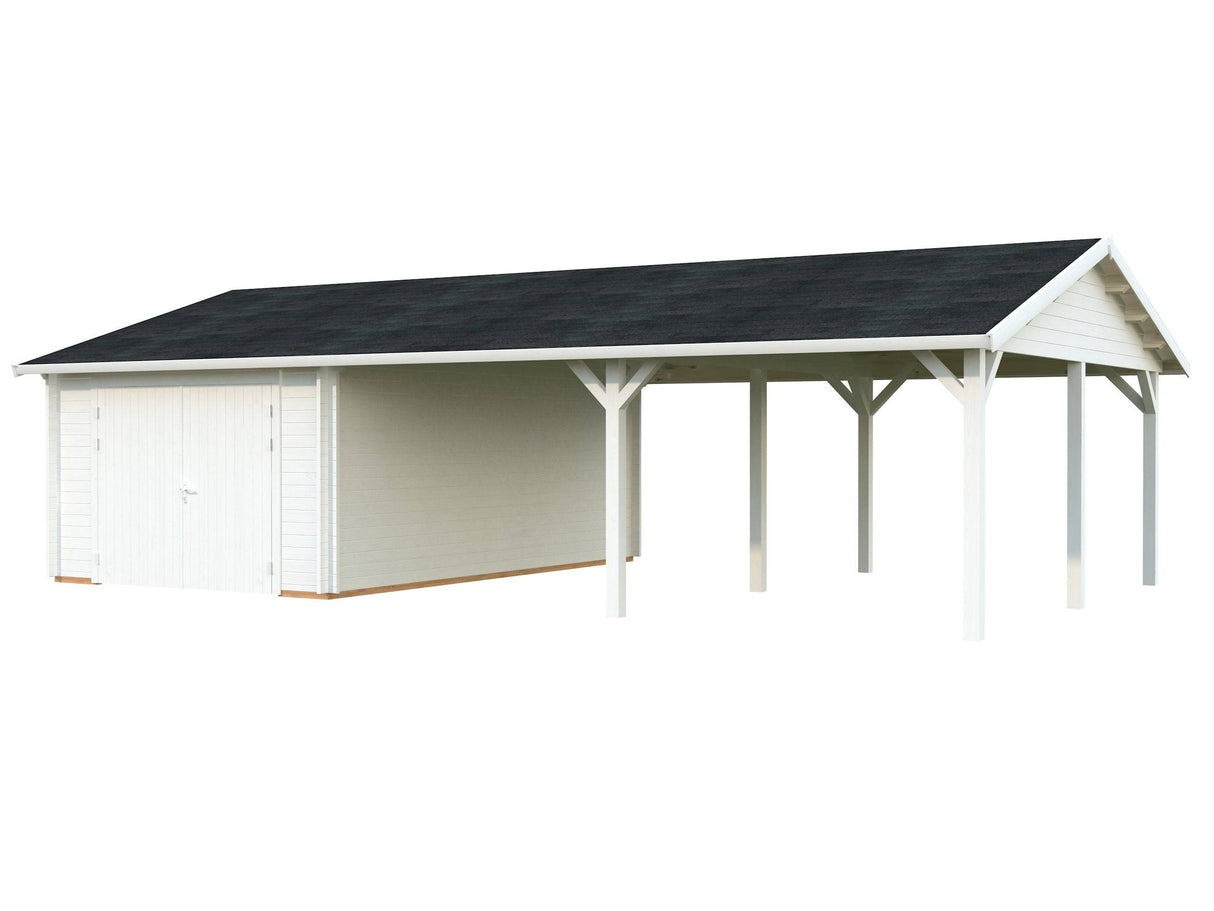 Roger (9,8x5,7m | 19m2+33.2m2 | 44mm) Single Garage with Double Carport (Wooden Gate) - Palmako UK