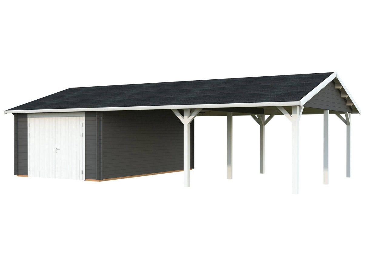 Roger (9,8x5,7m | 19m2+33.2m2 | 44mm) Single Garage with Double Carport (Wooden Gate) - Palmako UK