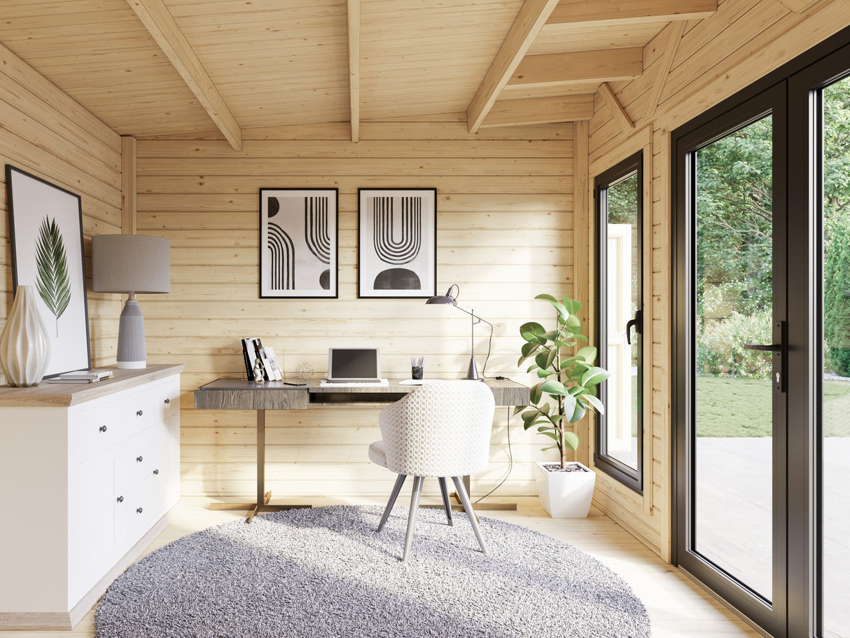 Aurelia S+ (7,4x3m|12,4+7,9m2|44mm ) Pent Roof Log Cabin with Canopy and Side Shed