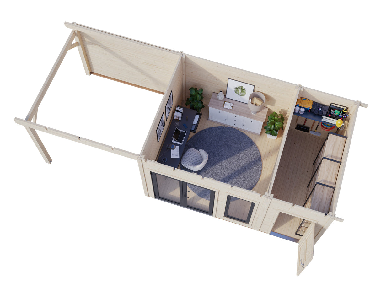 Aurelia S+ (7,4x3m|12,4+7,9m2|44mm ) Pent Roof Log Cabin with Canopy and Side Shed