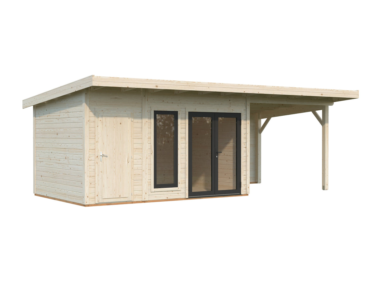 Aurelia S+ (7,4x3m|12,4+7,9m2|44mm ) Pent Roof Log Cabin with Canopy and Side Shed