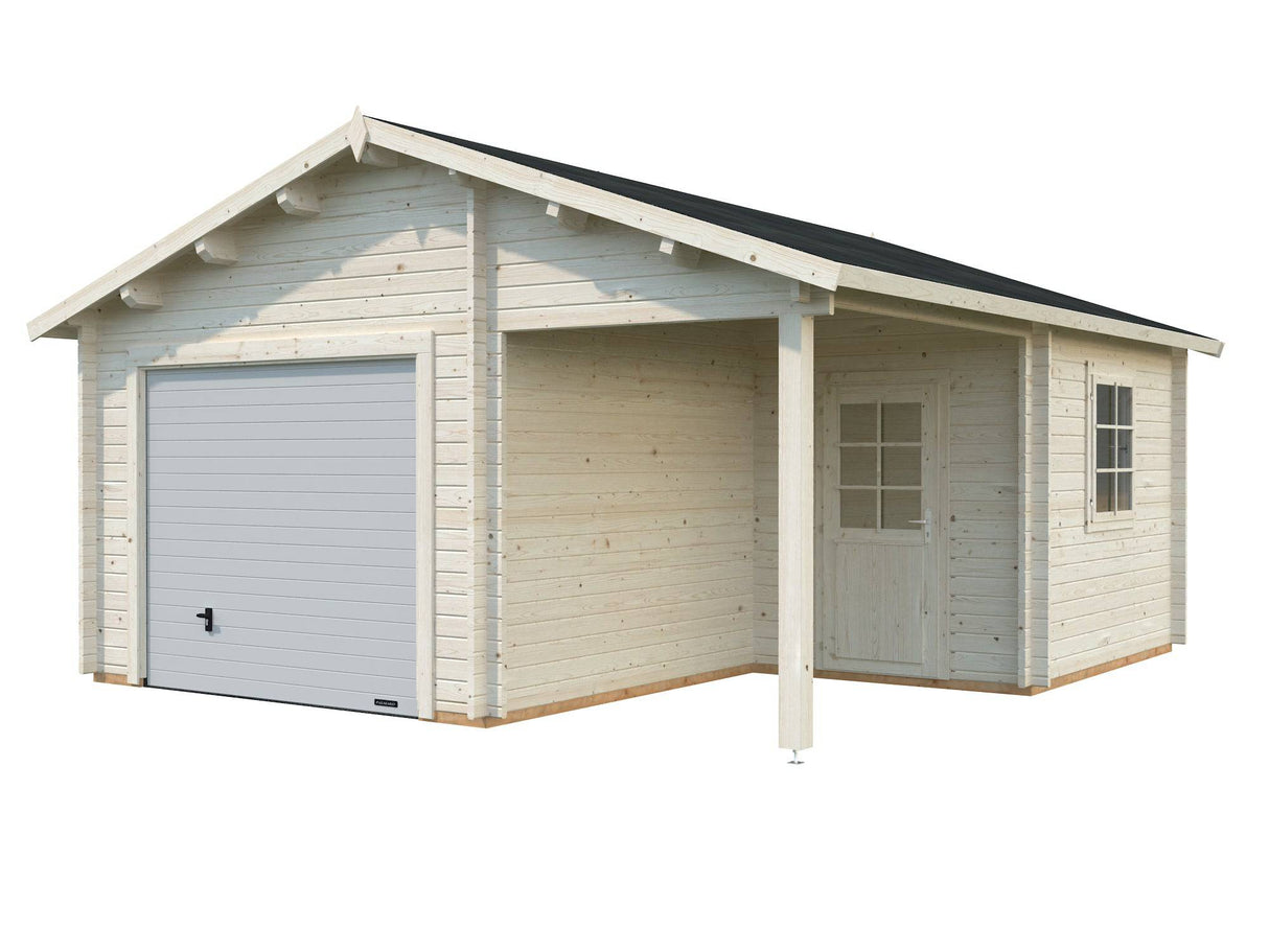 Roger M (5.3x5.7m | 21.9+5.2m2 | 44mm) Log Garage with Sectional Door and Canopy - Palmako UK