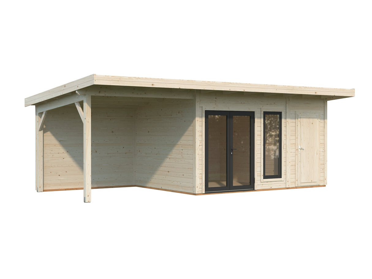 Aurelia S+ (7,4x3m|12,4+7,9m2|44mm ) Pent Roof Log Cabin with Canopy and Side Shed