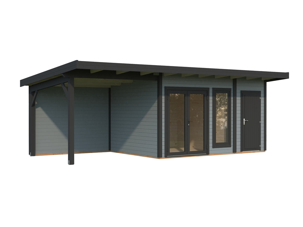 Aurelia S+ (7,4x3m|12,4+7,9m2|44mm ) Pent Roof Log Cabin with Canopy and Side Shed