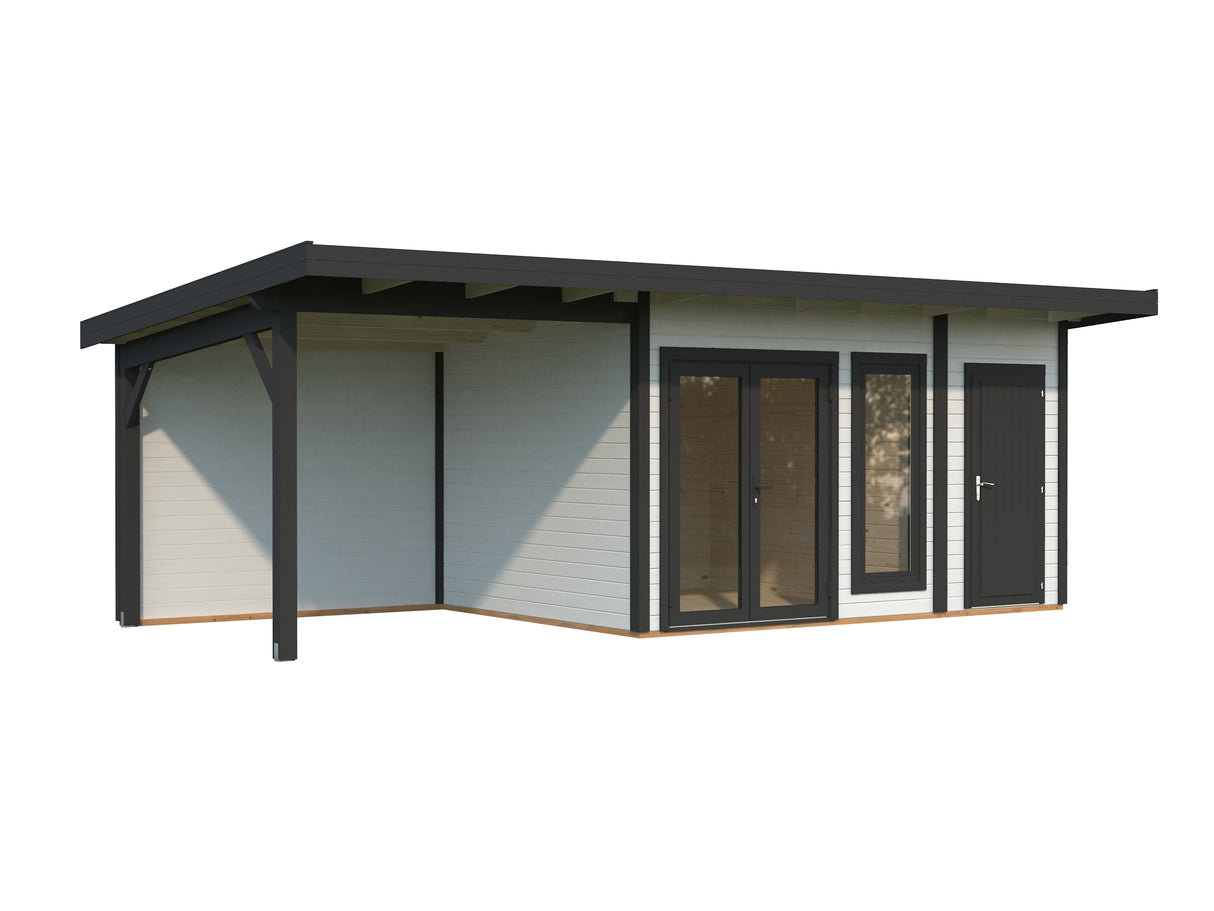 Aurelia S+ (7,4x3m|12,4+7,9m2|44mm ) Pent Roof Log Cabin with Canopy and Side Shed