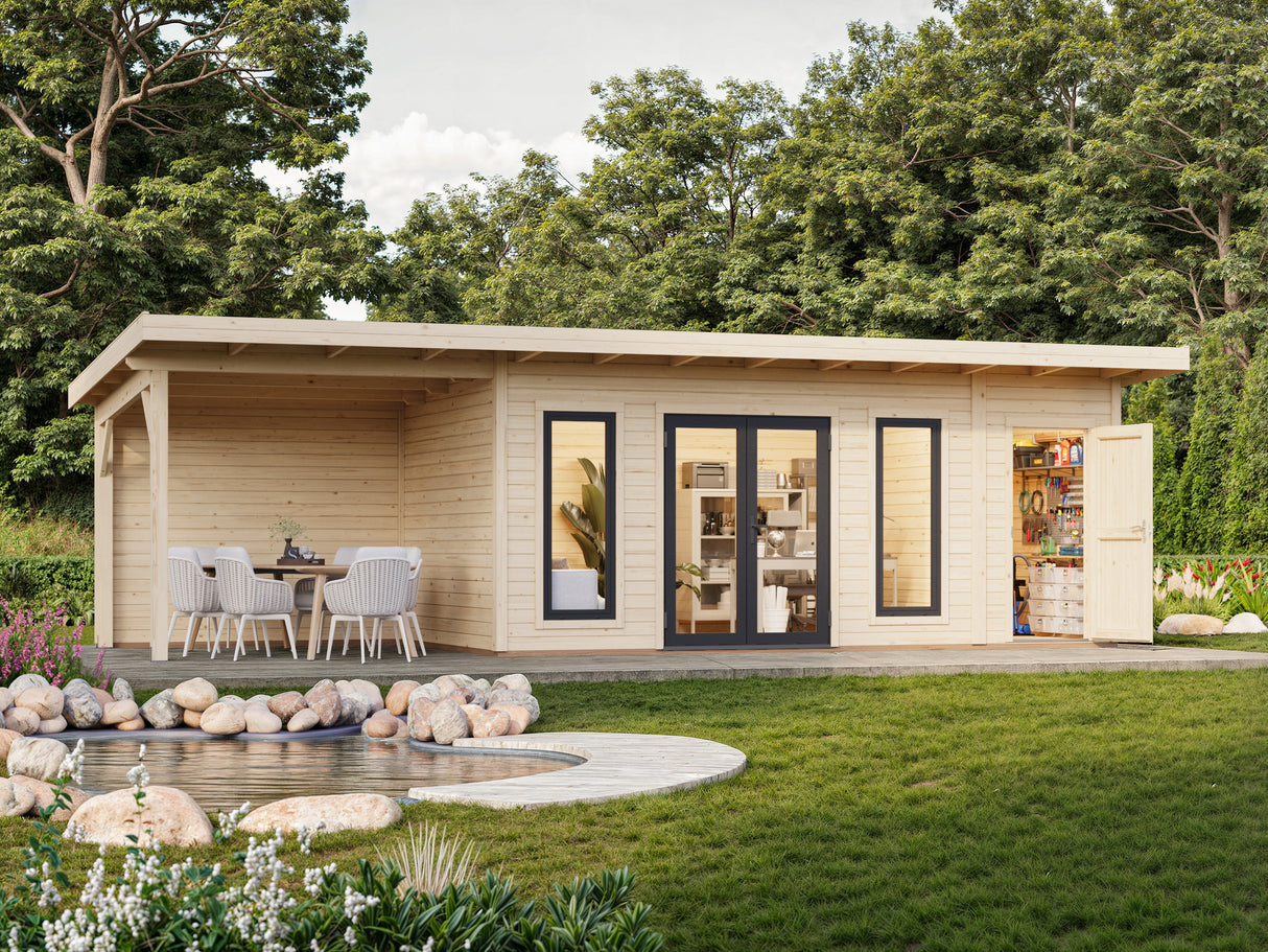Aurelia XL+(8,9x3m|16,7+7,9m2|44mm ) Flat Roof Log Cabin with Canopy and Side Shed