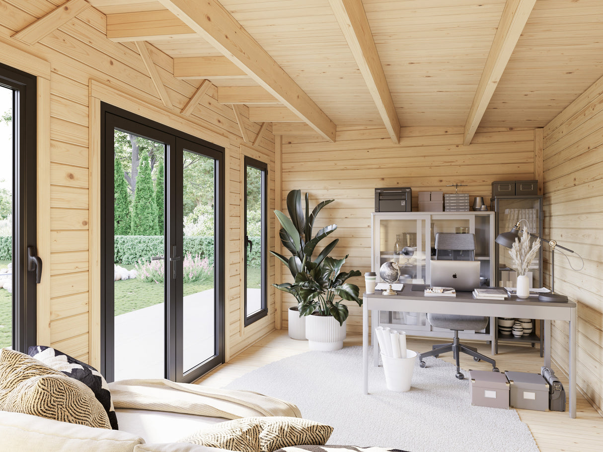 Aurelia XL+(8,9x3m|16,7+7,9m2|44mm ) Flat Roof Log Cabin with Canopy and Side Shed