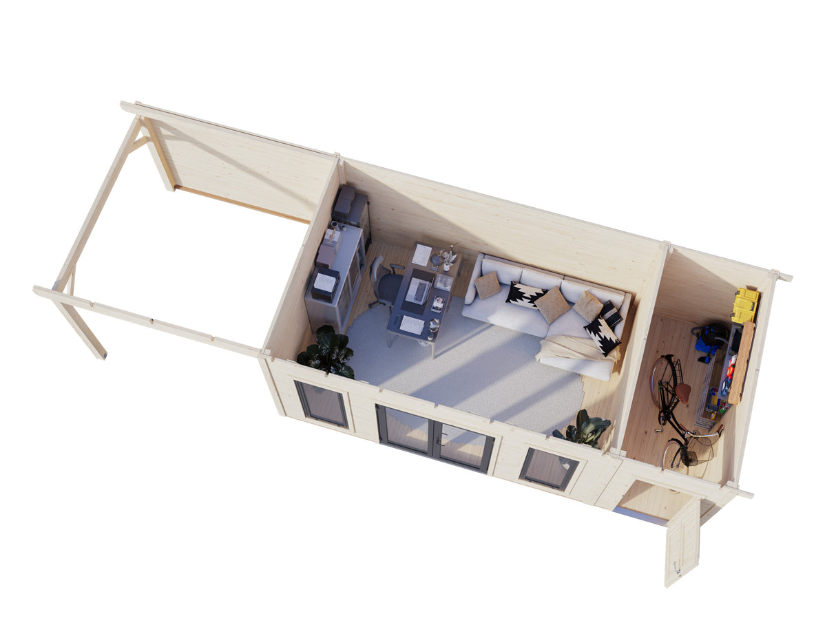 Aurelia XL+(8,9x3m|16,7+7,9m2|44mm ) Flat Roof Log Cabin with Canopy and Side Shed