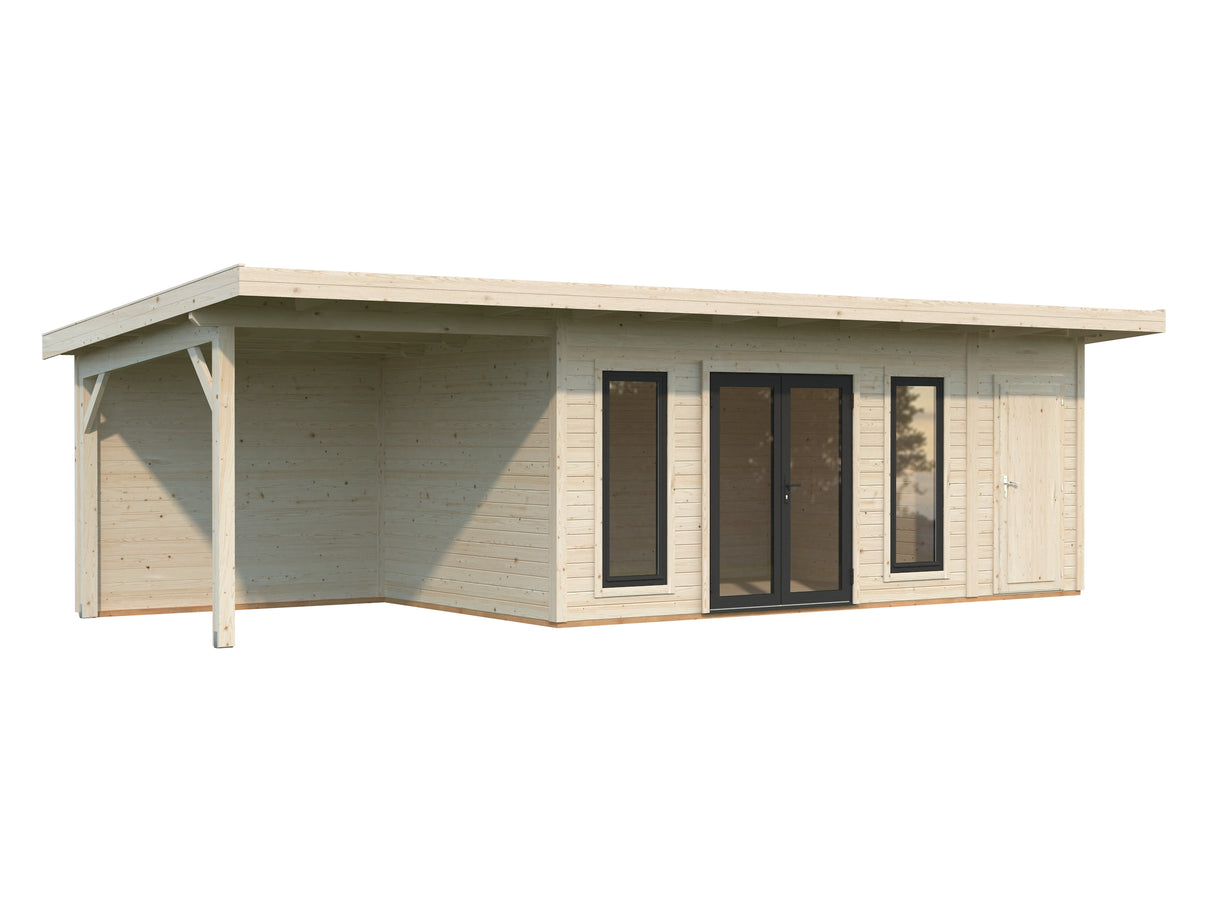 Aurelia XL+(8,9x3m|16,7+7,9m2|44mm ) Flat Roof Log Cabin with Canopy and Side Shed