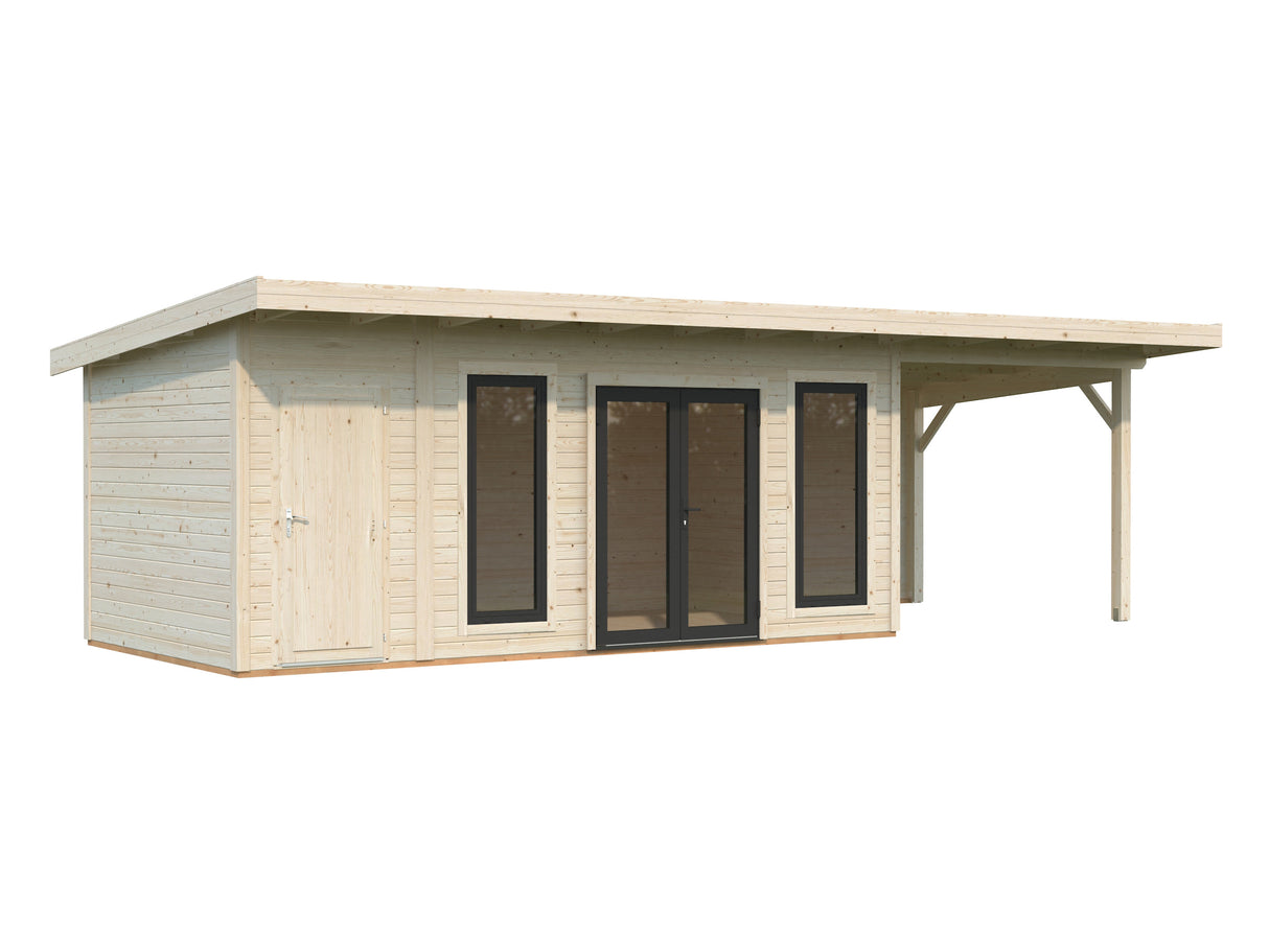 Aurelia XL+(8,9x3m|16,7+7,9m2|44mm ) Flat Roof Log Cabin with Canopy and Side Shed