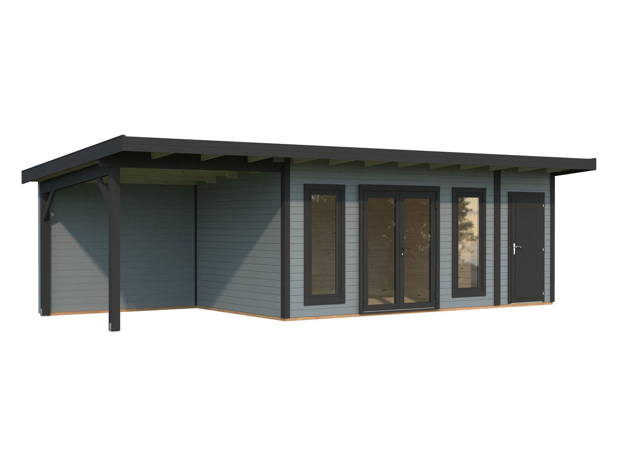 Aurelia XL+(8,9x3m|16,7+7,9m2|44mm ) Flat Roof Log Cabin with Canopy and Side Shed
