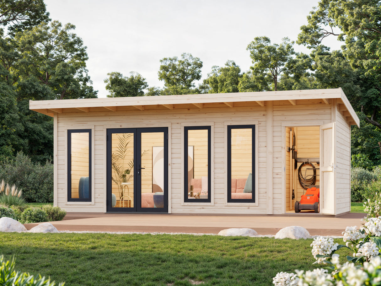 Aurelia XXL (6,7x3m|19,2m2|44mm ) Pent Roof Garden Room with Side Shed