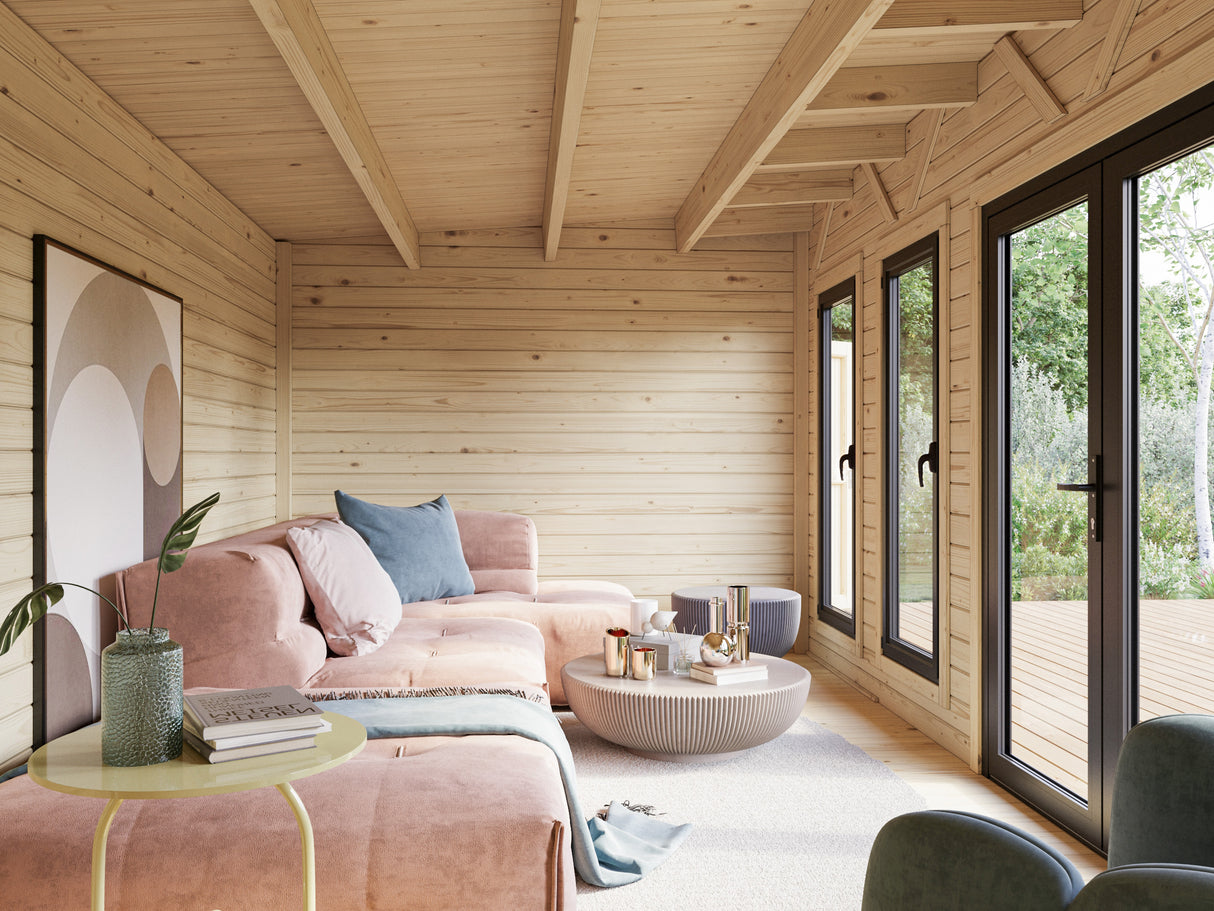 Aurelia XXL (6,7x3m|19,2m2|44mm ) Pent Roof Garden Room with Side Shed