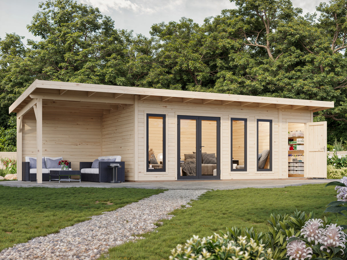 Aurelia XXL+ (9,7x3m|19,2+7,9m2|44mm ) Pent Roof Garden Room with Canopy and Side Shed