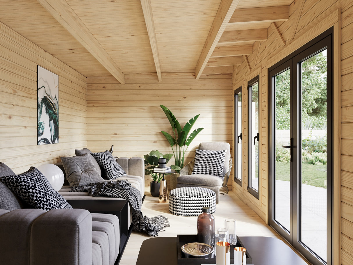 Aurelia XXL+ (9,7x3m|19,2+7,9m2|44mm ) Pent Roof Garden Room with Canopy and Side Shed