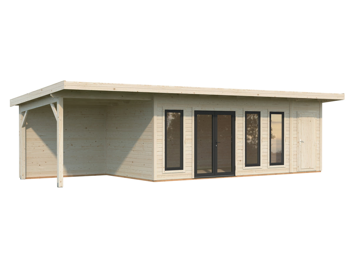 Aurelia XXL+ (9,7x3m|19,2+7,9m2|44mm ) Pent Roof Garden Room with Canopy and Side Shed