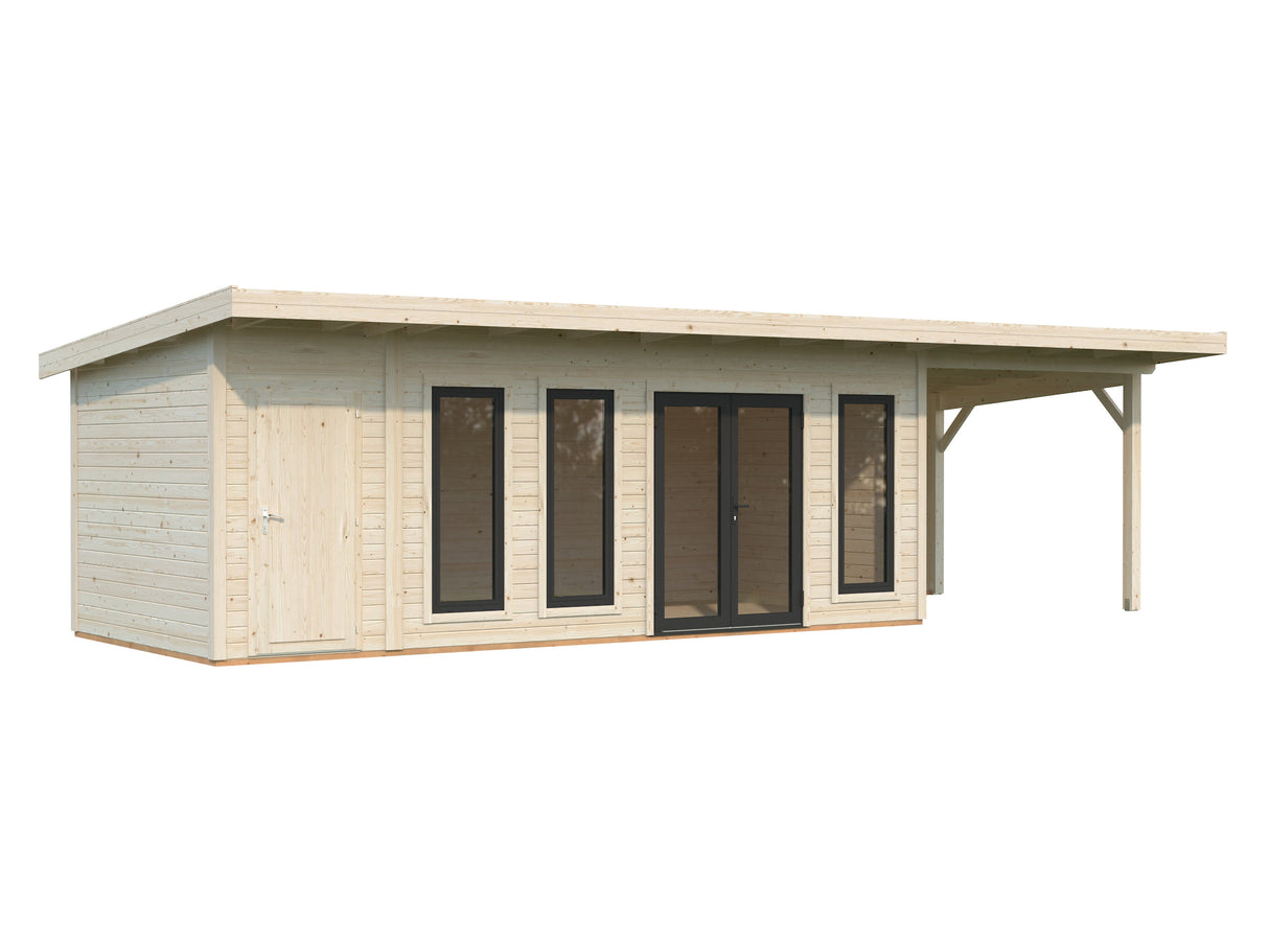Aurelia XXL+ (9,7x3m|19,2+7,9m2|44mm ) Pent Roof Garden Room with Canopy and Side Shed