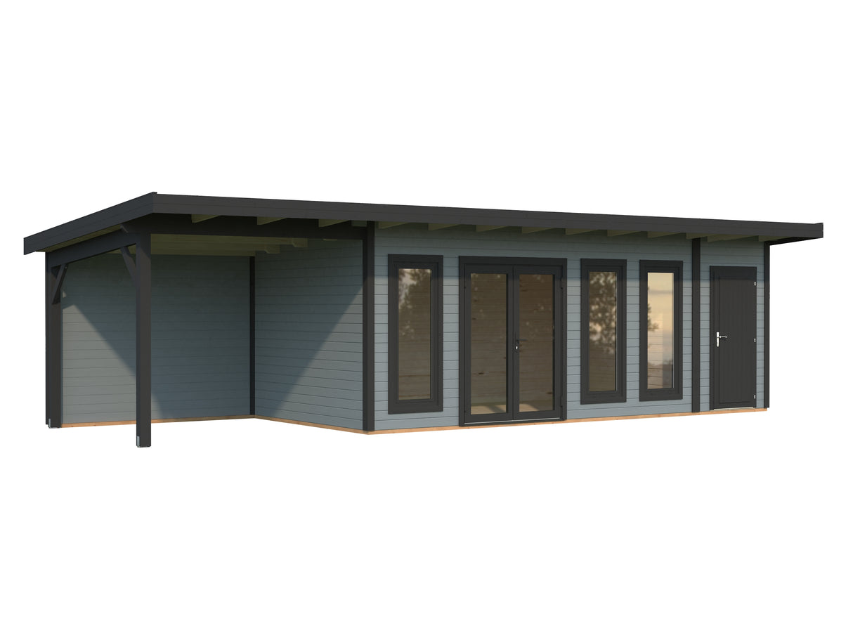 Aurelia XXL+ (9,7x3m|19,2+7,9m2|44mm ) Pent Roof Garden Room with Canopy and Side Shed
