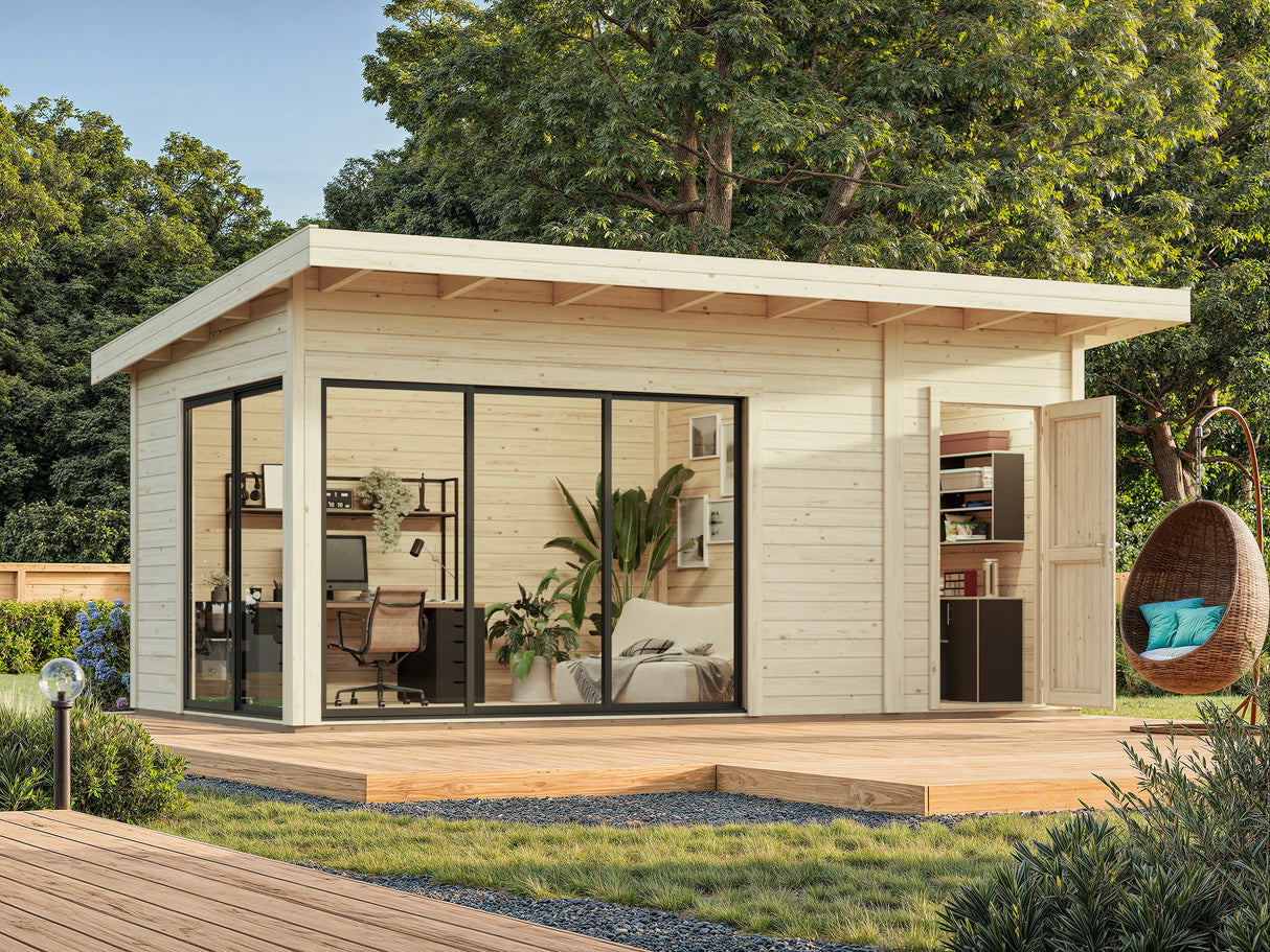 Andrea S+ (5,3x3m|15,2m2|44mm ) Compact Modern Log Cabin With Tool Shed