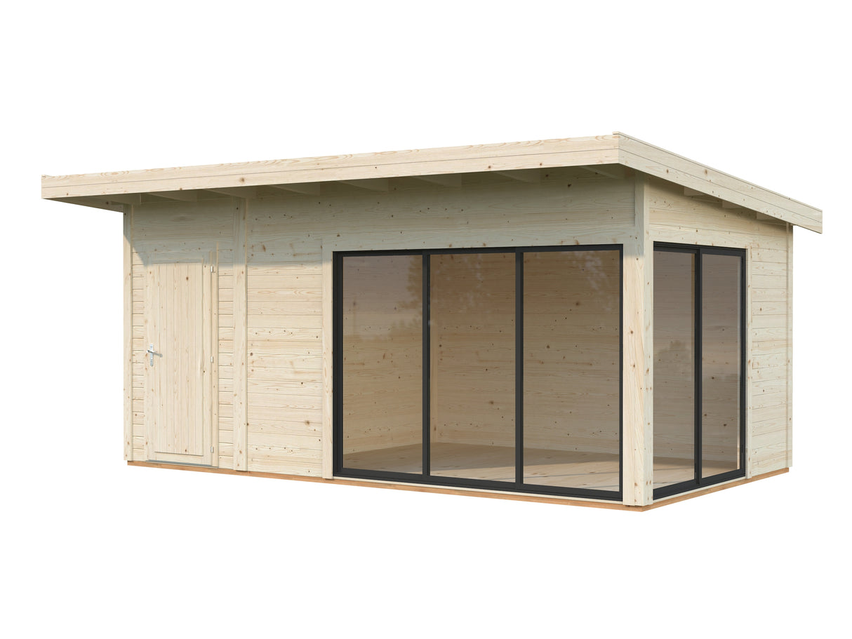 Andrea S+ (5,3x3m|15,2m2|44mm ) Compact Modern Log Cabin With Tool Shed